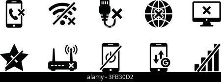 No signal connection status icons presenting phone disconnections wifi failures broken cables globe errors and weak signals. Stock Vector