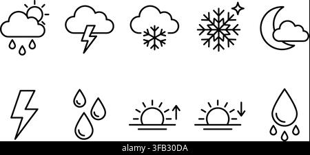 Professional weather icon set showing various climatic conditions like rain storm snow and temperature indicators linear. Stock Vector