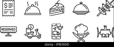 Restaurant dining line icons set containing menu bill cake cloche kebab skewer reservation sign scooter app chef hat and table. Stock Vector