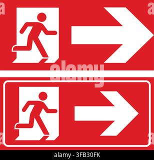 Red emergency exit sign set with running man figure and direction arrow pointing way out for fast public evacuation. Stock Vector