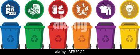 Recycling bin collection with distinct color codes and waste material categories for proper eco friendly trash disposal. Stock Vector