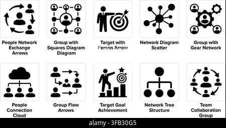 People network flow diagrams with connection arrows and target goal achievement graphics icons set in flat black style. Stock Vector