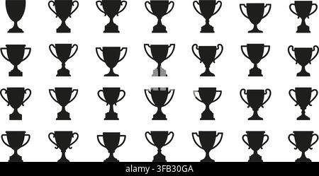 Professional award trophy icon pattern contains diverse cup silhouettes for celebrating excellence in various competitions. Stock Vector