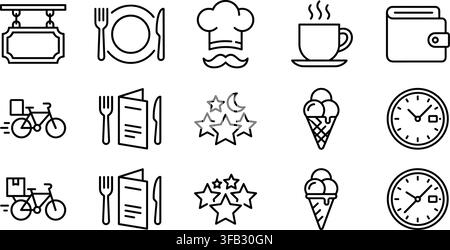 Restaurant cafe services thin line icons containing menu wallet bike delivery rating stars ice cream clock tableware. Stock Vector