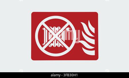 Red warning sign prohibiting electric heaters in areas with highly flammable materials to prevent fire hazards safety. Stock Vector