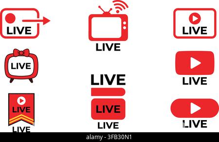Set of live broadcast icons with red streaming elements for digital media platforms and video content social networks. Stock Vector