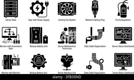 Server rack and network maintenance hardware flat glyph icons set showing database storage backup power data cabling tools. Stock Vector