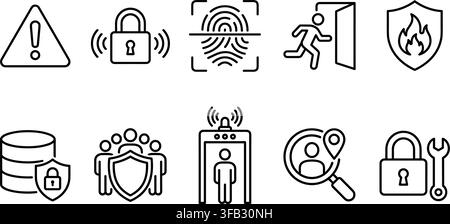 Security and protection vector line icons set in black monochrome style for safety system interface and app design. Stock Vector