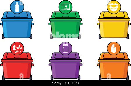 Set of six colorful waste bins with various icons representing different types of recyclable garbage and compostable. Stock Vector