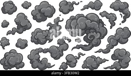 Smoke clouds and puff element collection in grey colors designed for comic cartoon effects and explosion animation backgrounds. Stock Vector