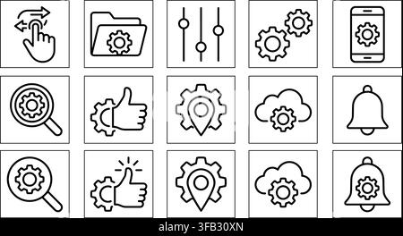 Settings and configuration vector line icons set inside grey square borders for user interface customization tools. Stock Vector
