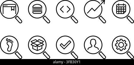 Set of modern search icons featuring web browser bookmarks and business analytics and organizational elements. Stock Vector