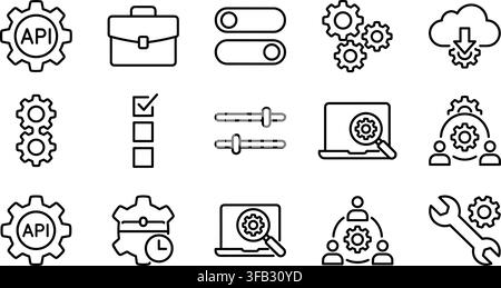 Software development and project management icons featuring api gears laptops search tools and team collaboration tasks. Stock Vector