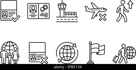 Travel icon set featuring line art passports airplanes airport towers tourism symbols for global immigration journey. Stock Vector