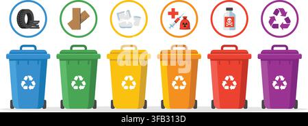Waste sorting icons set with different colored recycle bins and separate garbage type symbols for environmental awareness. Stock Vector