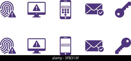 Two factor authentication security icons illustrating biometrics alert system mobile passwords email validation and keys. Stock Vector