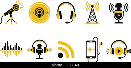Yellow and black podcast icons set of microphone headphone and wave element graphics for audio broadcasting production. Stock Vector