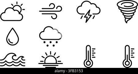 Weather forecast elements collection including clouds wind rain lightning tornado thermometer and wave illustrations. Stock Vector