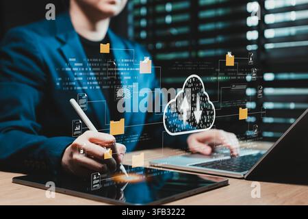 Cloud computing file transfer and digital document management concept. Person using laptop with upload and download icon, connected folder, secure dat Stock Photo