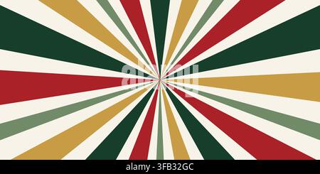 Retro Christmas sunburst banner. Vintage radial rays in red, dark green, sage, gold and cream colors. Vector holiday background for greeting card Stock Vector