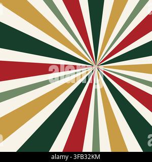 Retro Christmas sunburst background. Vintage radial rays in red, dark green, sage, gold and cream colors. Vector design for holiday poster, greeting Stock Vector
