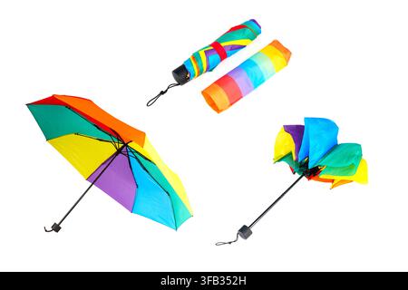 Sequence showing different stages of opening a colorful rainbow pocket umbrella, from being folded in its sleeve to fully opened, isolated on a clean Stock Photo