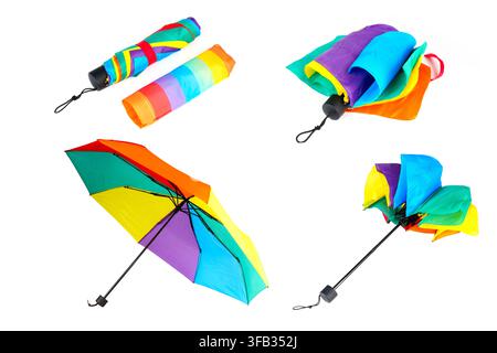 Colorful rainbow folding umbrella shown in three states: in its matching pouch, folded with strap, and fully open. Studio shot isolated on a clean whi Stock Photo