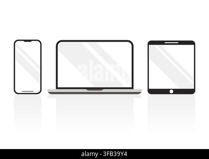 Clean responsive device mockup featuring a smartphone, laptop, and tablet with blank screens, ideal for showcasing websites, apps, and digital designs Stock Vector