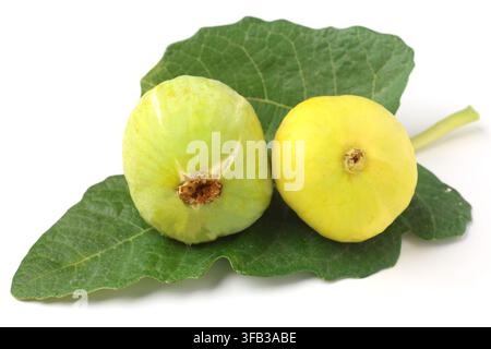 Fresh Yellow Green Figs with Fig Leaf Isolated on White Background Stock Photo