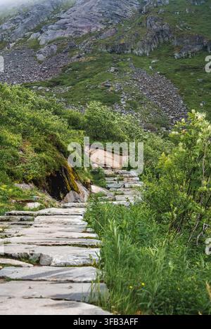 Stone stairs leading up the mountain path on Reinebringen hike in Lofoten, Norway Stock Photo