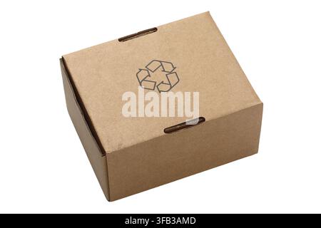 Recyclable Brown Cardboard Packaging Box with Recycling Symbol Isolated on White Background Stock Photo