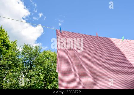 Red and white gingham fabric hangs from colorful clothespins on a clothesline outdoors, framed by leafy trees, soft clouds, and a clear blue summer sk Stock Photo