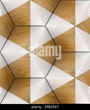 Abstract wall panel featuring eco wood hexagons, white geometric facets and corkwood-inspired elements. Natural grain, angular lines and repeating 3D Stock Photo