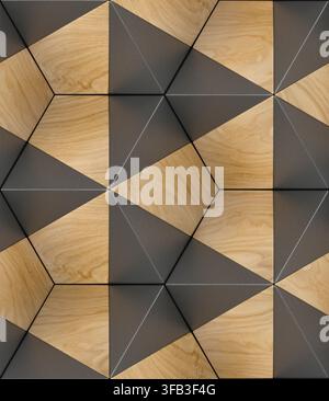 Geometric eco wood wall panel featuring 3D hexagon patterns, natural corkwood elements, and dark angular sections. Modern sustainable interior texture Stock Photo