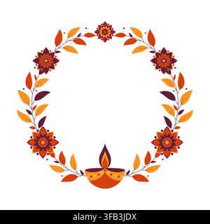 Diwali Floral Wreath Frame Border with Diya Vector Stock Vector