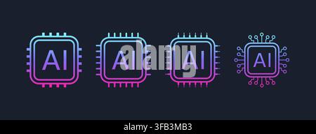Artificial Intelligence AI Processor Circuit, Colorful Microchip Icons on Dark Background. Vector Illustration Stock Vector