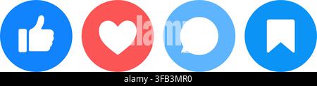 Social Media Like, Heart, Comment, and Bookmark Engagement Icons. Colorful Web Network Round Icon Set Vector Illustration Stock Vector
