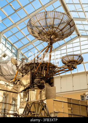 Saint Petersburg, Russia - July 30, 2026: Luch Satellite Data Relay Network in atrium of A S Popov Central Museum of Communications in Saint Petersbur Stock Photo