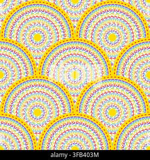 Dashed lines in scallop shapes, seamless vector pattern, abstract geometric background, boho ethno design with concentric semicircles and circles with Stock Vector