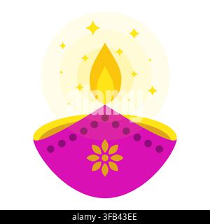 Bright Diwali diya lamp with golden flame, floral decoration with burning flame, isolated on white background. For indian festival of light celebratio Stock Vector