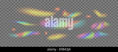 Holographic rainbow light leak prism overlay effect set with chromatic refraction isolated on transparent background. Vector illustration Stock Vector