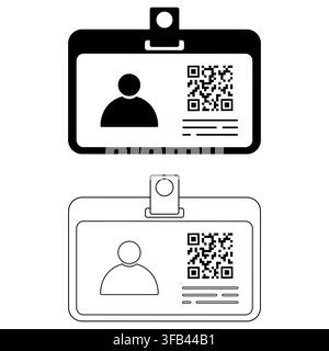 Flat and outline icon set of 2 id badge designs featuring person silhouette and qr code for identity and access management Stock Vector