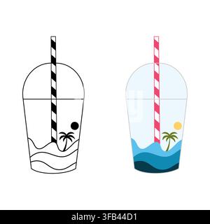 Flat illustration of a tropical drink cup depicting ocean waves and palm tree scene for summer and travel design Stock Vector