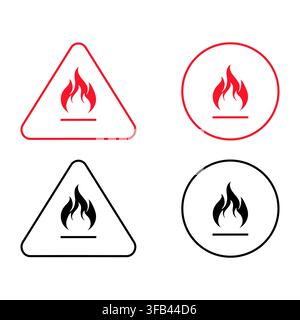 Outline icon set of 4 flammable warning signs featuring fire flame symbols in triangle and circle shapes for safety design Stock Vector