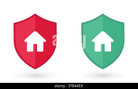 Flat icon set of 2 home protection shields featuring red and green security emblems for insurance and real estate design Stock Vector