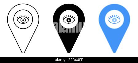 Flat icon set of 3 location pin symbols featuring eye concept in outline, black and blue styles for tracking and surveillance design Stock Vector