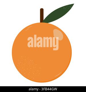 Flat illustration of a fresh orange depicting a whole citrus fruit with leaf and stem for food and nutrition design Stock Vector