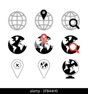 Flat and outline icon set of 9 world globe symbols featuring location pins, search and travel elements for navigation design Stock Vector