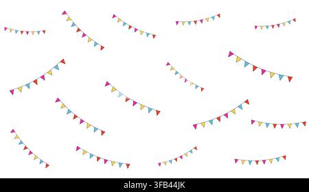 Flat clip art set of 16 colorful bunting garlands featuring triangular pennant flags in festive arrangements for party and celebration design Stock Vector