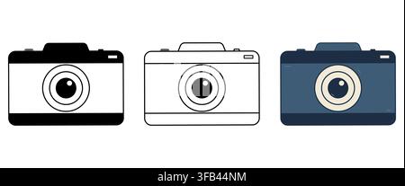 Flat icon set of 3 photo camera styles featuring silhouette outline and colored variations for photography design Stock Vector